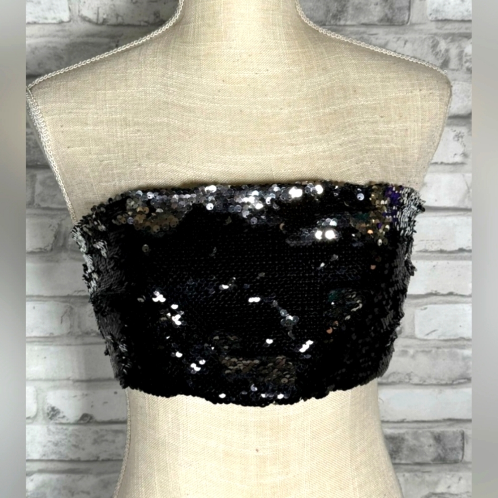 Black/Silver Reversible Sequin Zipper Back Tube T… - image 1